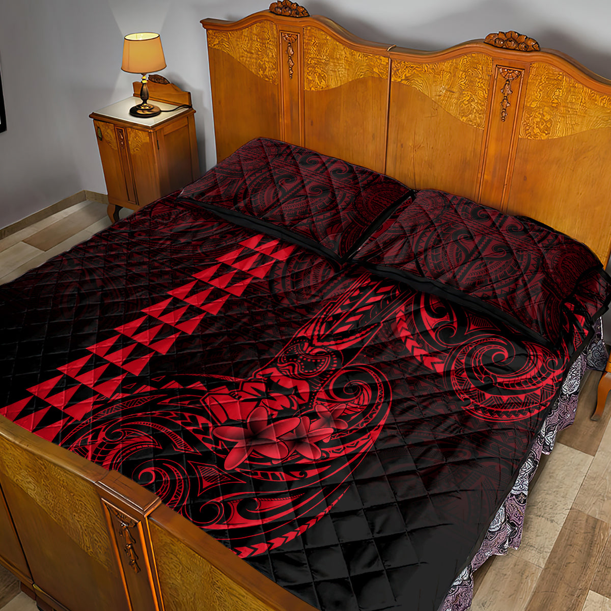 Hawaii Hauoli Makahiki Hou Quilt Bed Set Lono Hawaiian God Kakau Polynesian Tribal Red LT05 - Polynesian Pride