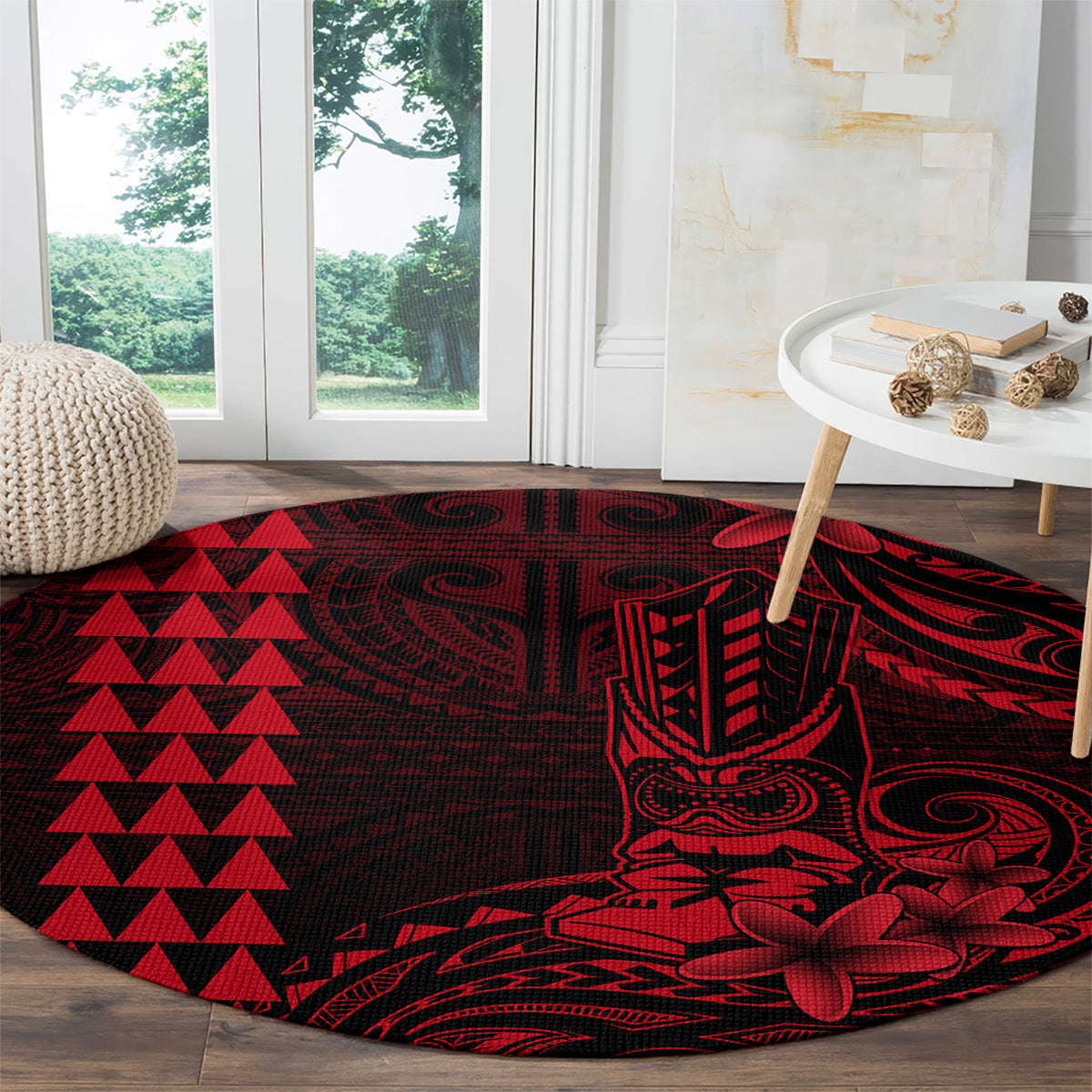 Hawaii Hauoli Makahiki Hou Round Carpet Lono Hawaiian God Kakau Polynesian Tribal Red LT05 - Polynesian Pride