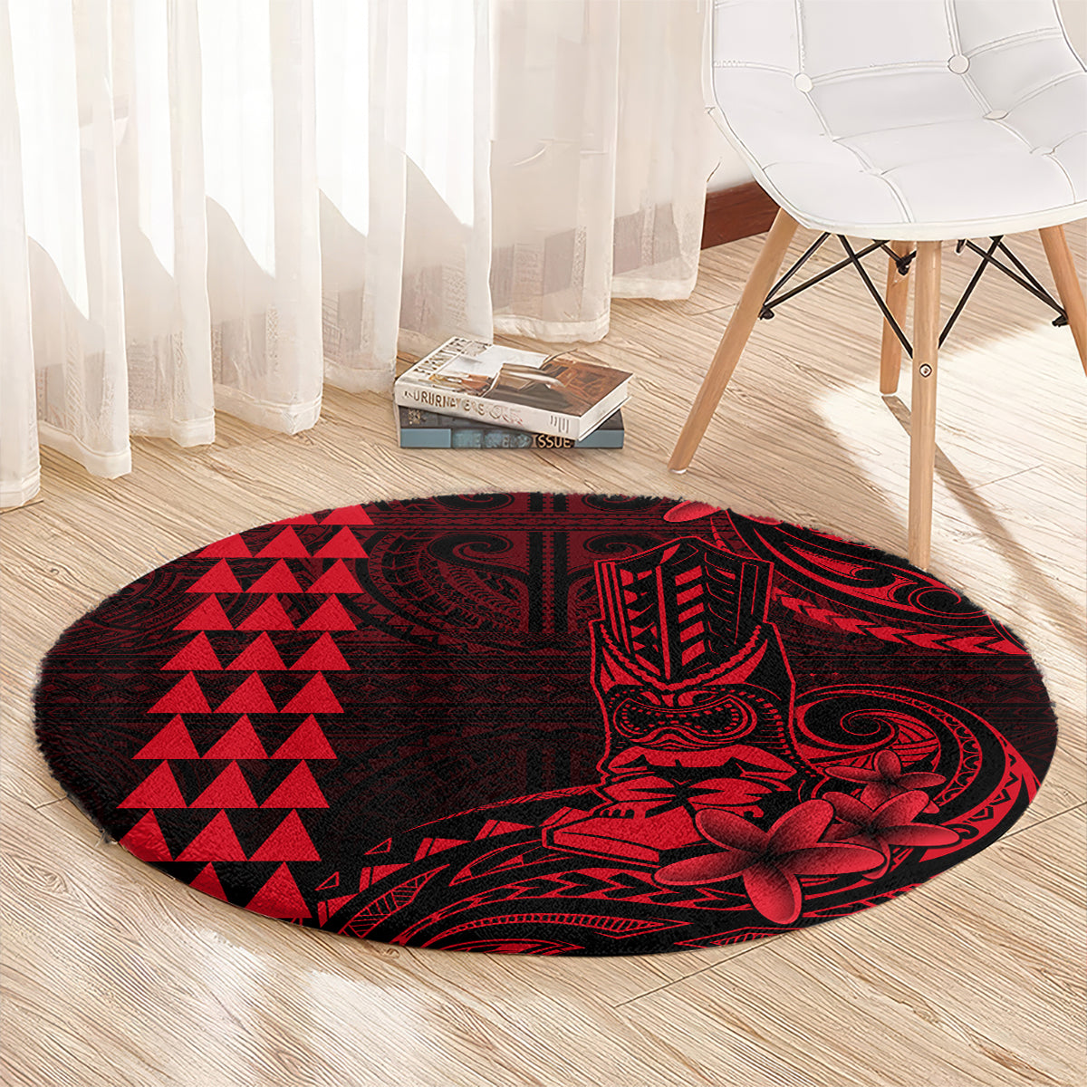 Hawaii Hauoli Makahiki Hou Round Carpet Lono Hawaiian God Kakau Polynesian Tribal Red LT05 - Polynesian Pride
