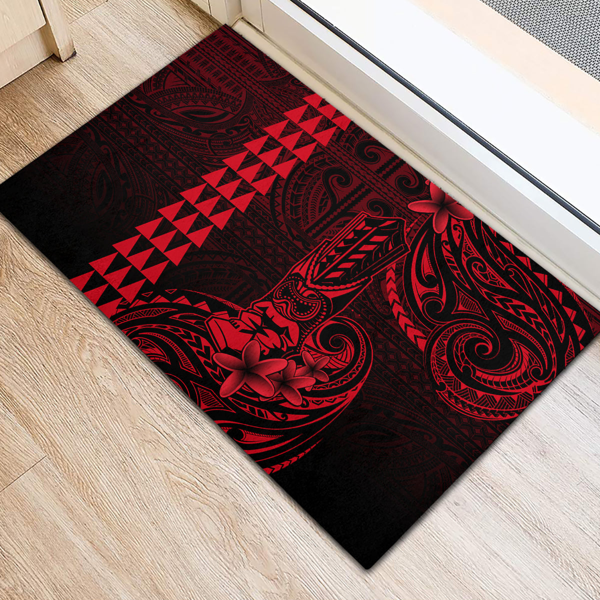 Hawaii Hauoli Makahiki Hou Rubber Doormat Lono Hawaiian God Kakau Polynesian Tribal Red LT05 - Polynesian Pride
