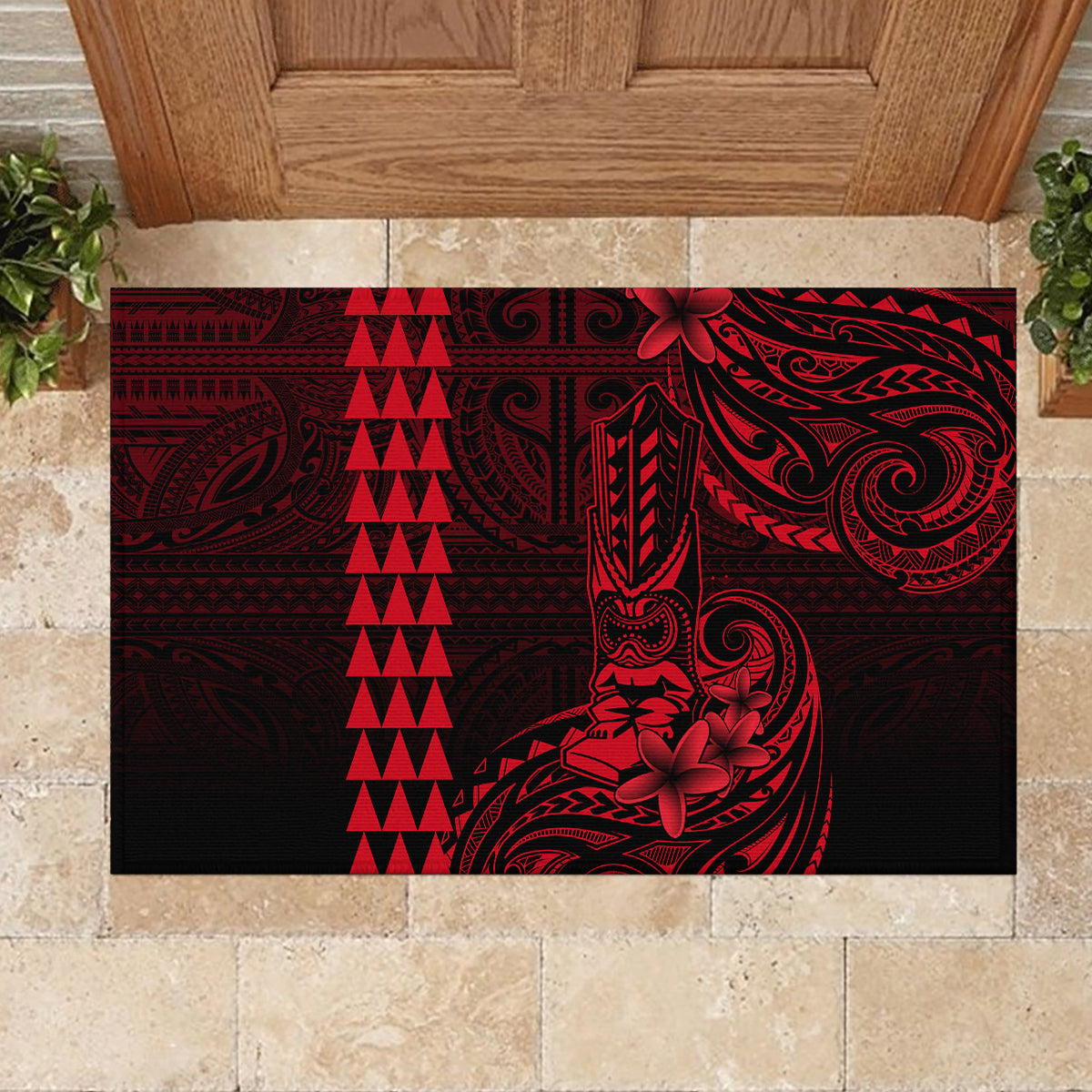 Hawaii Hauoli Makahiki Hou Rubber Doormat Lono Hawaiian God Kakau Polynesian Tribal Red LT05 - Polynesian Pride