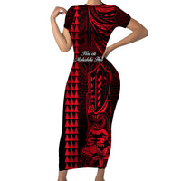 Personalized Hawaii Hauoli Makahiki Hou Short Sleeve Bodycon Dress Lono Hawaiian God Kakau Polynesian Tribal Red LT05 Long Dress Red - Polynesian Pride