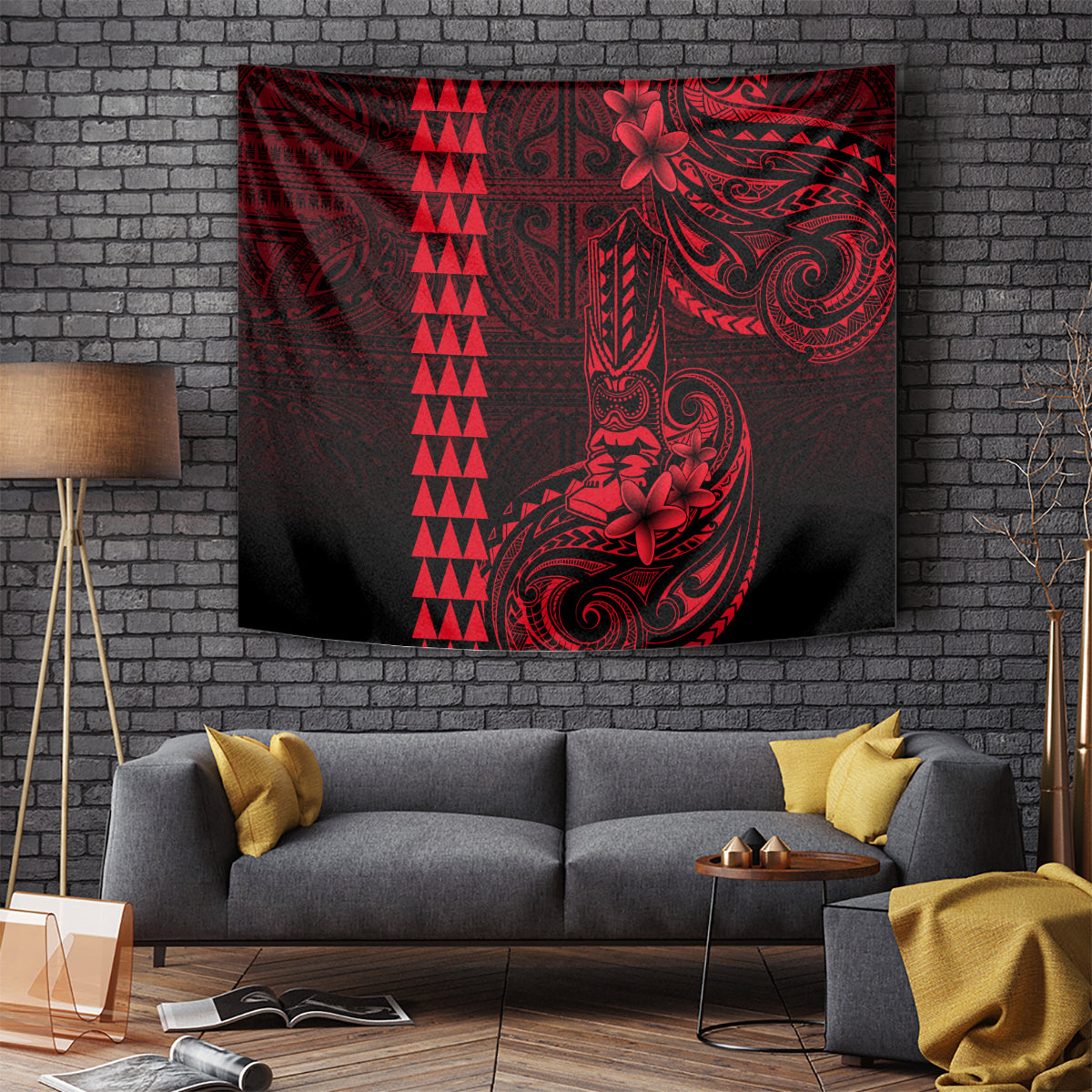 Hawaii Hauoli Makahiki Hou Tapestry Lono Hawaiian God Kakau Polynesian Tribal Red LT05 Red - Polynesian Pride