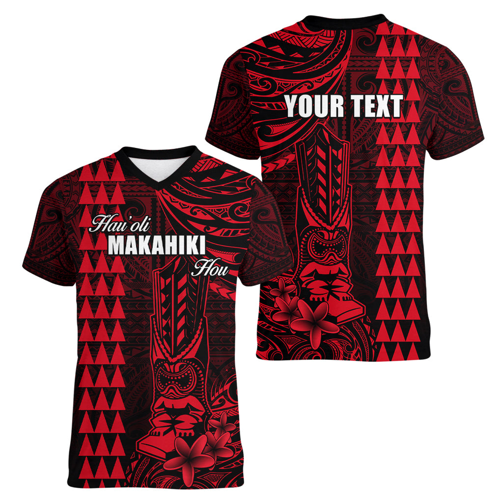 Personalized Hawaii Hauoli Makahiki Hou Women V Neck T Shirt Lono Hawaiian God Kakau Polynesian Tribal Red LT05 - Polynesian Pride