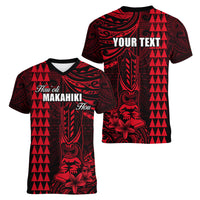 Personalized Hawaii Hauoli Makahiki Hou Women V Neck T Shirt Lono Hawaiian God Kakau Polynesian Tribal Red LT05 - Polynesian Pride