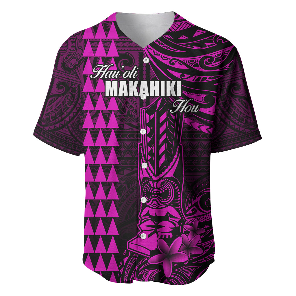 Personalized Hawaii Hauoli Makahiki Hou Baseball Jersey Lono Hawaiian God Kakau Polynesian Tribal Pink LT05 Pink - Polynesian Pride