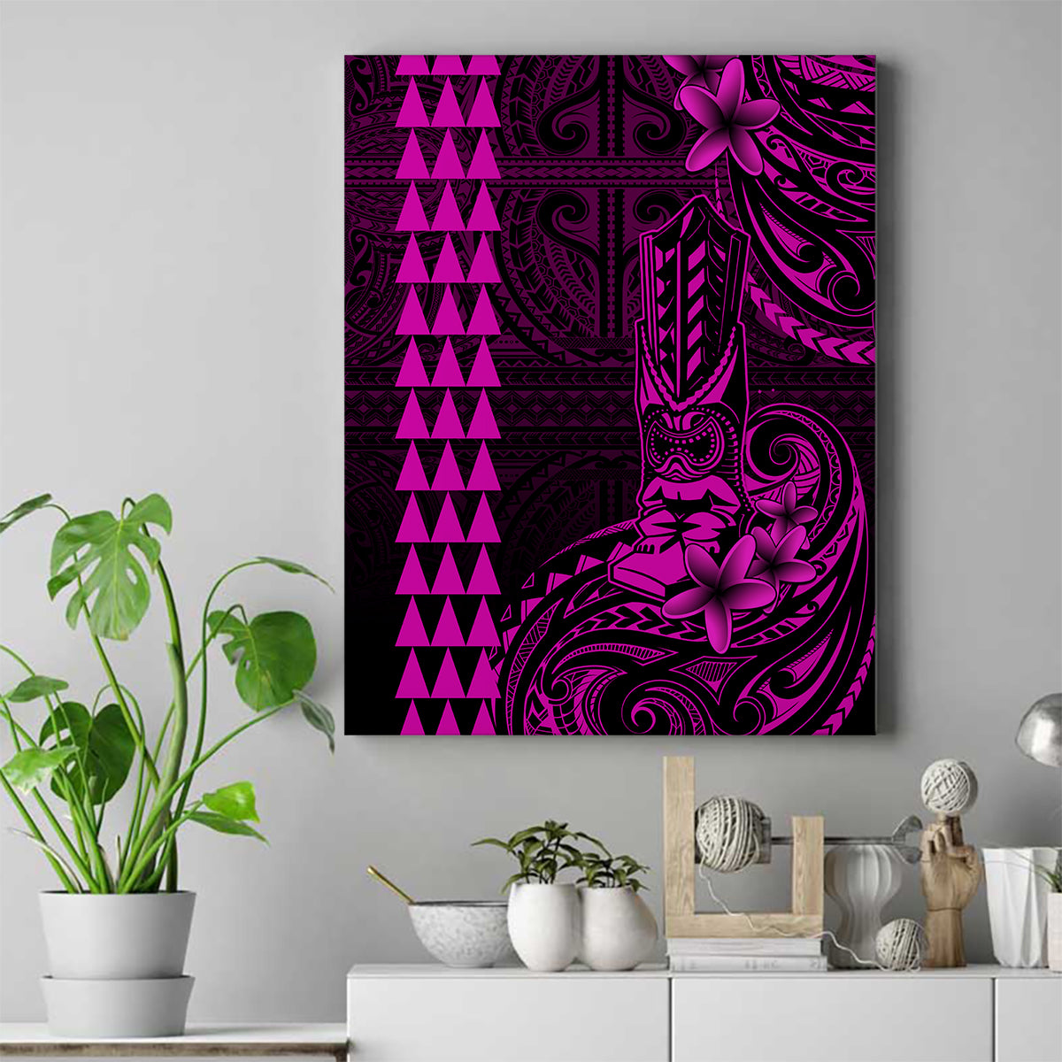 Hawaii Hauoli Makahiki Hou Canvas Wall Art Lono Hawaiian God Kakau Polynesian Tribal Pink LT05 Pink - Polynesian Pride