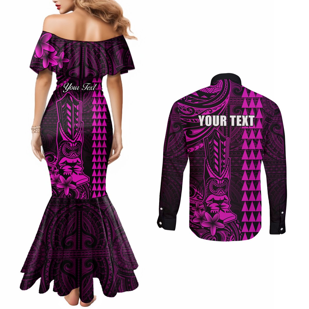 Personalized Hawaii Hauoli Makahiki Hou Couples Matching Mermaid Dress and Long Sleeve Button Shirts Lono Hawaiian God Kakau Polynesian Tribal Pink LT05 - Polynesian Pride