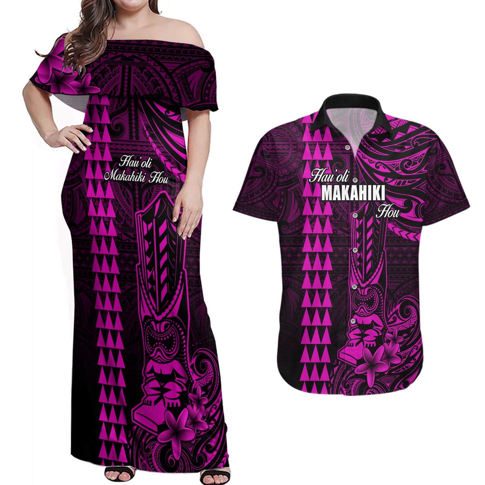 Personalized Hawaii Hauoli Makahiki Hou Couples Matching Off Shoulder Maxi Dress and Hawaiian Shirt Lono Hawaiian God Kakau Polynesian Tribal Pink LT05 Pink - Polynesian Pride