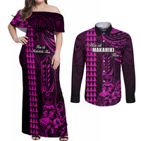 Personalized Hawaii Hauoli Makahiki Hou Couples Matching Off Shoulder Maxi Dress and Long Sleeve Button Shirts Lono Hawaiian God Kakau Polynesian Tribal Pink LT05 Pink - Polynesian Pride