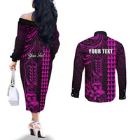 Personalized Hawaii Hauoli Makahiki Hou Couples Matching Off The Shoulder Long Sleeve Dress and Long Sleeve Button Shirts Lono Hawaiian God Kakau Polynesian Tribal Pink LT05 - Polynesian Pride