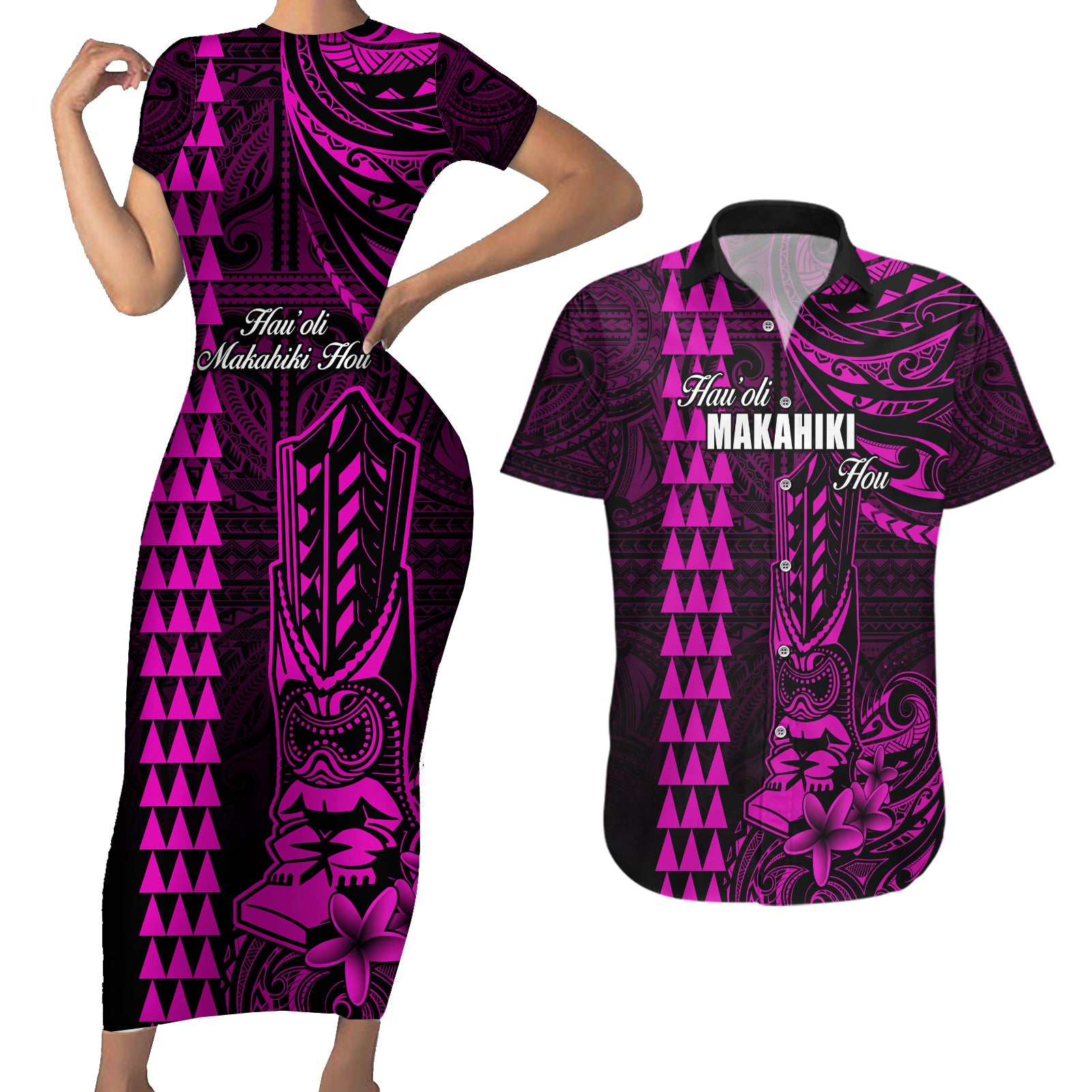 Personalized Hawaii Hauoli Makahiki Hou Couples Matching Short Sleeve Bodycon Dress and Hawaiian Shirt Lono Hawaiian God Kakau Polynesian Tribal Pink LT05 Pink - Polynesian Pride