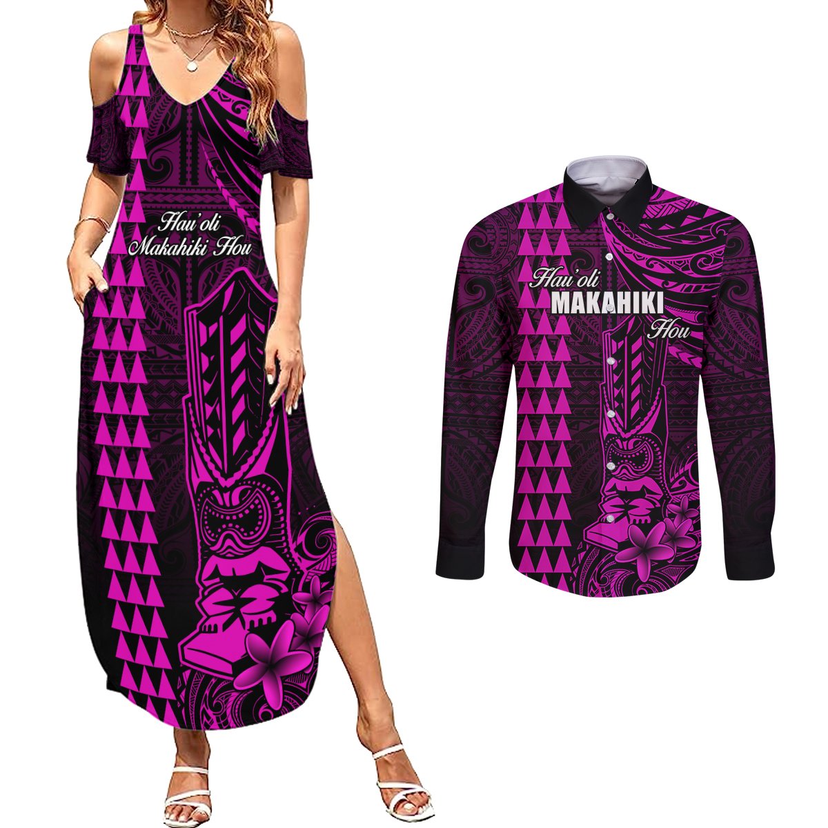 Personalized Hawaii Hauoli Makahiki Hou Couples Matching Summer Maxi Dress and Long Sleeve Button Shirts Lono Hawaiian God Kakau Polynesian Tribal Pink LT05 Pink - Polynesian Pride