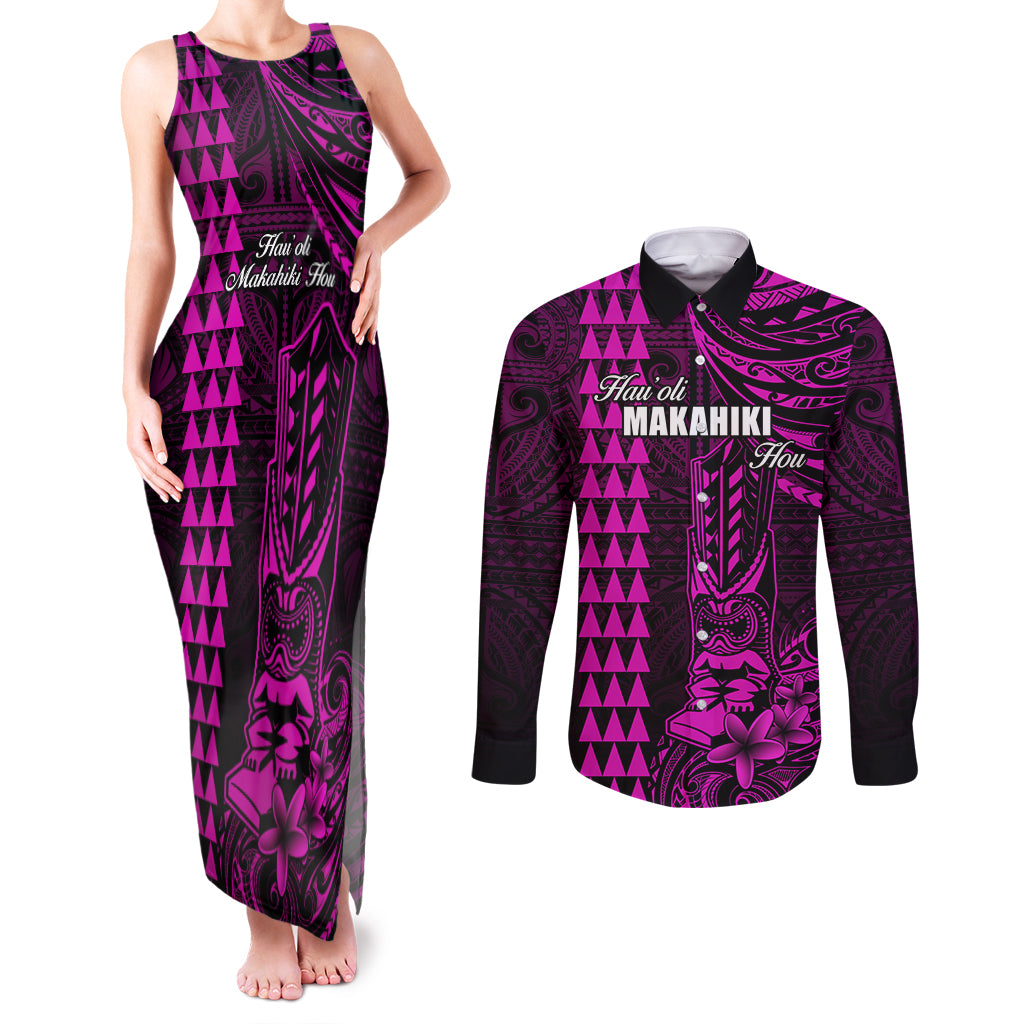 Personalized Hawaii Hauoli Makahiki Hou Couples Matching Tank Maxi Dress and Long Sleeve Button Shirts Lono Hawaiian God Kakau Polynesian Tribal Pink LT05 Pink - Polynesian Pride