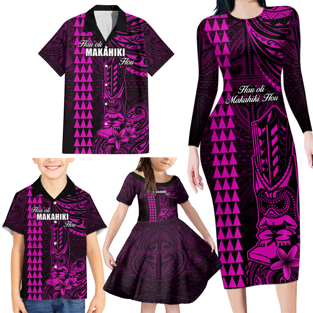 Personalized Hawaii Hauoli Makahiki Hou Family Matching Long Sleeve Bodycon Dress and Hawaiian Shirt Lono Hawaiian God Kakau Polynesian Tribal Pink LT05 - Polynesian Pride