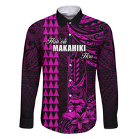 Personalized Hawaii Hauoli Makahiki Hou Family Matching Off Shoulder Maxi Dress and Hawaiian Shirt Lono Hawaiian God Kakau Polynesian Tribal Pink LT05 Dad's Shirt - Long Sleeve Pink - Polynesian Pride
