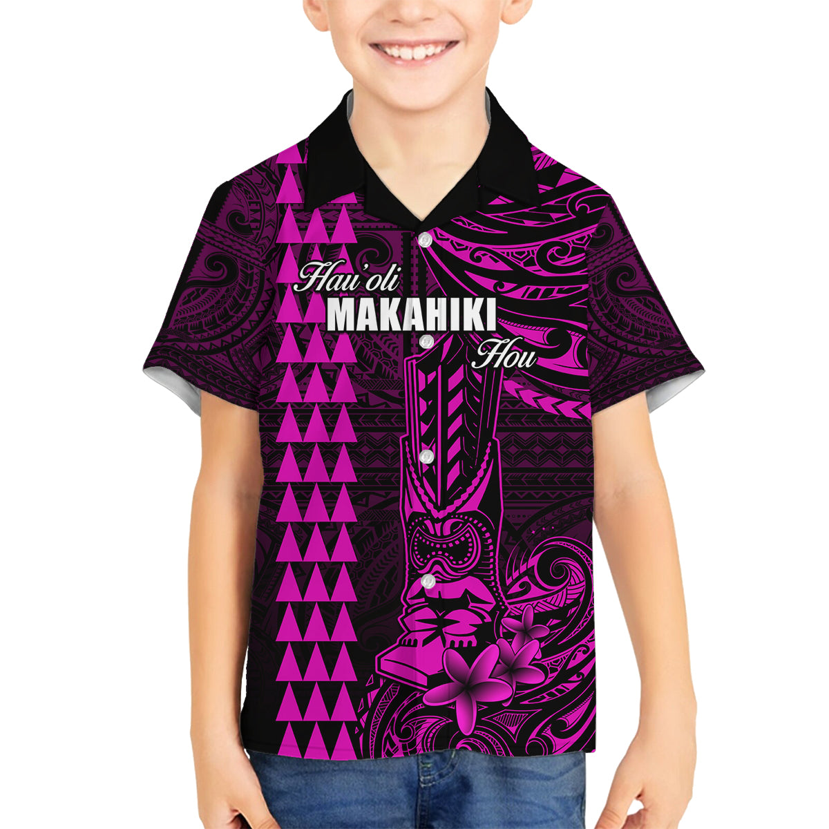 Personalized Hawaii Hauoli Makahiki Hou Family Matching Off Shoulder Maxi Dress and Hawaiian Shirt Lono Hawaiian God Kakau Polynesian Tribal Pink LT05 Son's Shirt Pink - Polynesian Pride