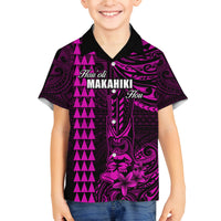 Personalized Hawaii Hauoli Makahiki Hou Family Matching Off Shoulder Maxi Dress and Hawaiian Shirt Lono Hawaiian God Kakau Polynesian Tribal Pink LT05 Son's Shirt Pink - Polynesian Pride