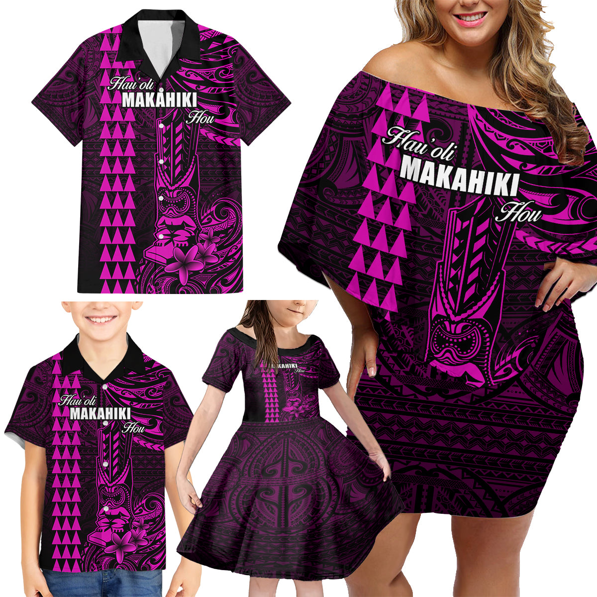 Personalized Hawaii Hauoli Makahiki Hou Family Matching Off Shoulder Short Dress and Hawaiian Shirt Lono Hawaiian God Kakau Polynesian Tribal Pink LT05 - Polynesian Pride