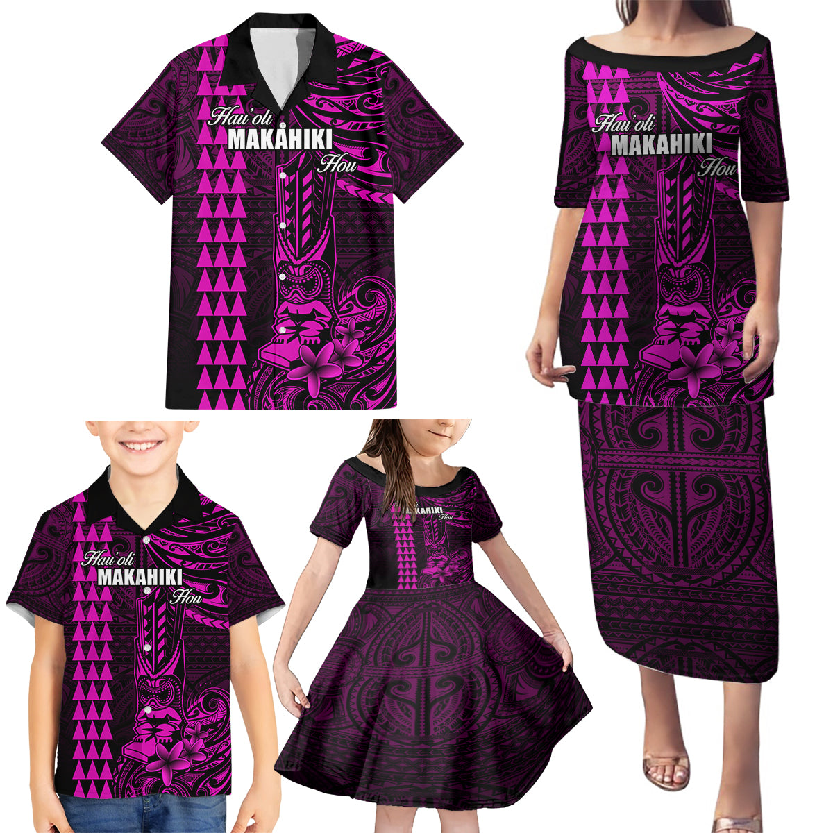 Personalized Hawaii Hauoli Makahiki Hou Family Matching Puletasi Dress and Hawaiian Shirt Lono Hawaiian God Kakau Polynesian Tribal Pink LT05 - Polynesian Pride