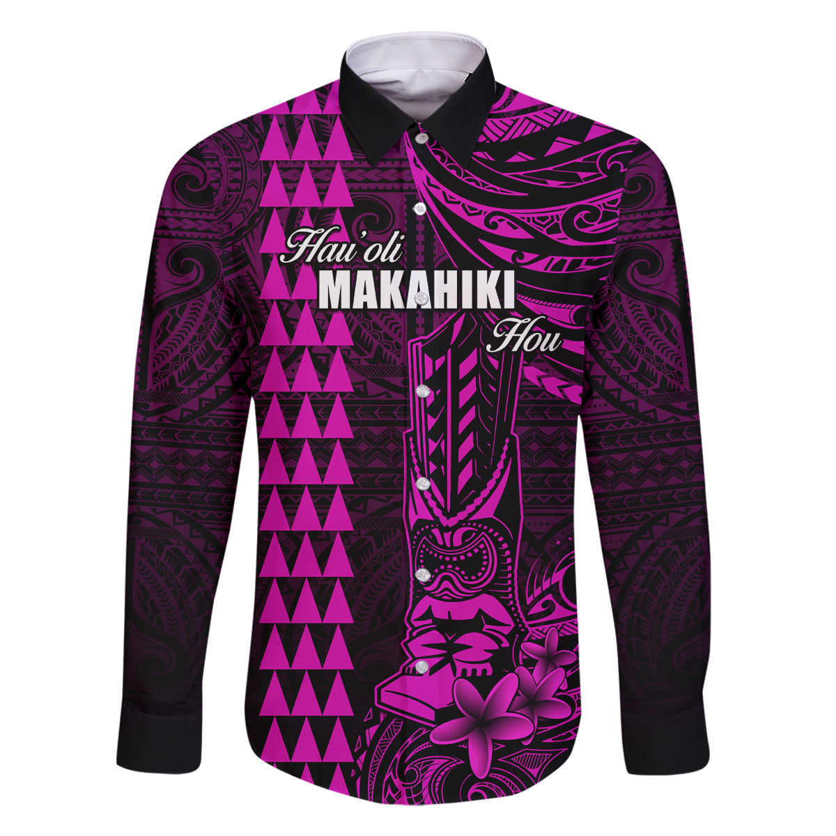 Personalized Hawaii Hauoli Makahiki Hou Family Matching Tank Maxi Dress and Hawaiian Shirt Lono Hawaiian God Kakau Polynesian Tribal Pink LT05 Dad's Shirt - Long Sleeve Pink - Polynesian Pride