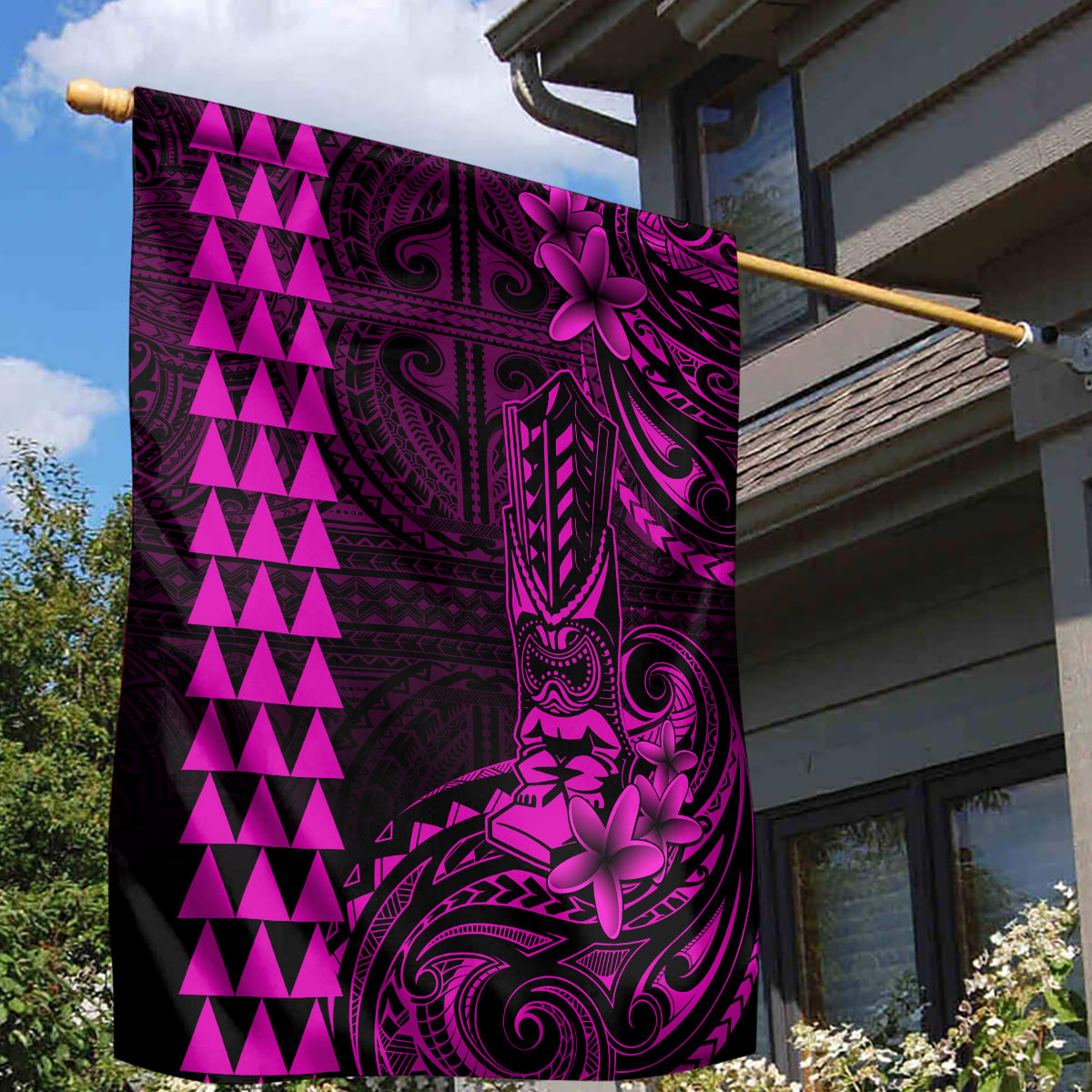 Hawaii Hauoli Makahiki Hou Garden Flag Lono Hawaiian God Kakau Polynesian Tribal Pink LT05 - Polynesian Pride