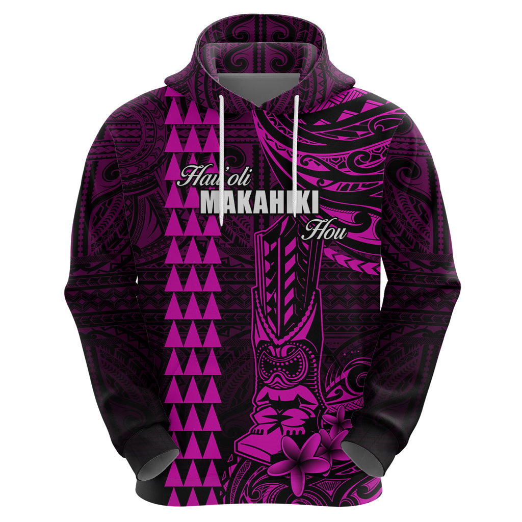 Personalized Hawaii Hauoli Makahiki Hou Hoodie Lono Hawaiian God Kakau Polynesian Tribal Pink LT05 - Polynesian Pride
