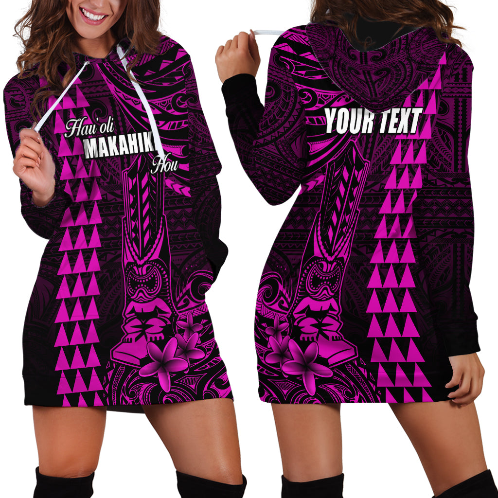 Personalized Hawaii Hauoli Makahiki Hou Hoodie Dress Lono Hawaiian God Kakau Polynesian Tribal Pink LT05 - Polynesian Pride