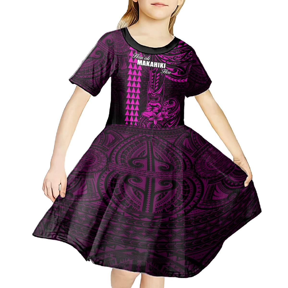 Personalized Hawaii Hauoli Makahiki Hou Kid Short Sleeve Dress Lono Hawaiian God Kakau Polynesian Tribal Pink LT05 - Polynesian Pride
