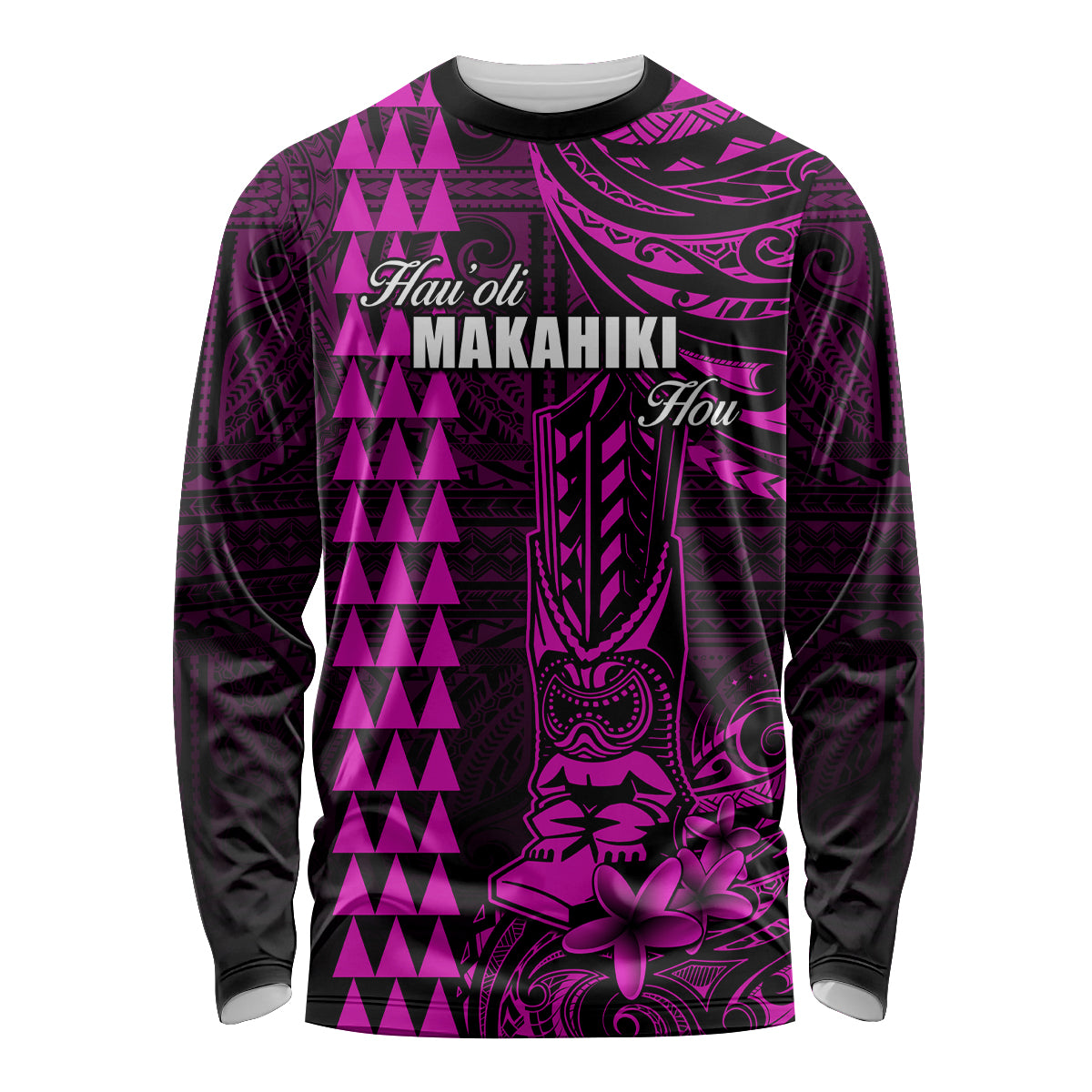 Personalized Hawaii Hauoli Makahiki Hou Long Sleeve Shirt Lono Hawaiian God Kakau Polynesian Tribal Pink LT05 Unisex Pink - Polynesian Pride