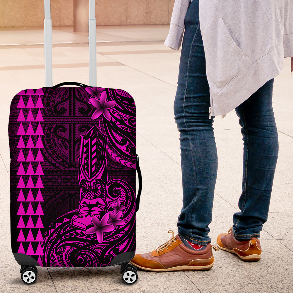 Hawaii Hauoli Makahiki Hou Luggage Cover Lono Hawaiian God Kakau Polynesian Tribal Pink LT05 Pink - Polynesian Pride