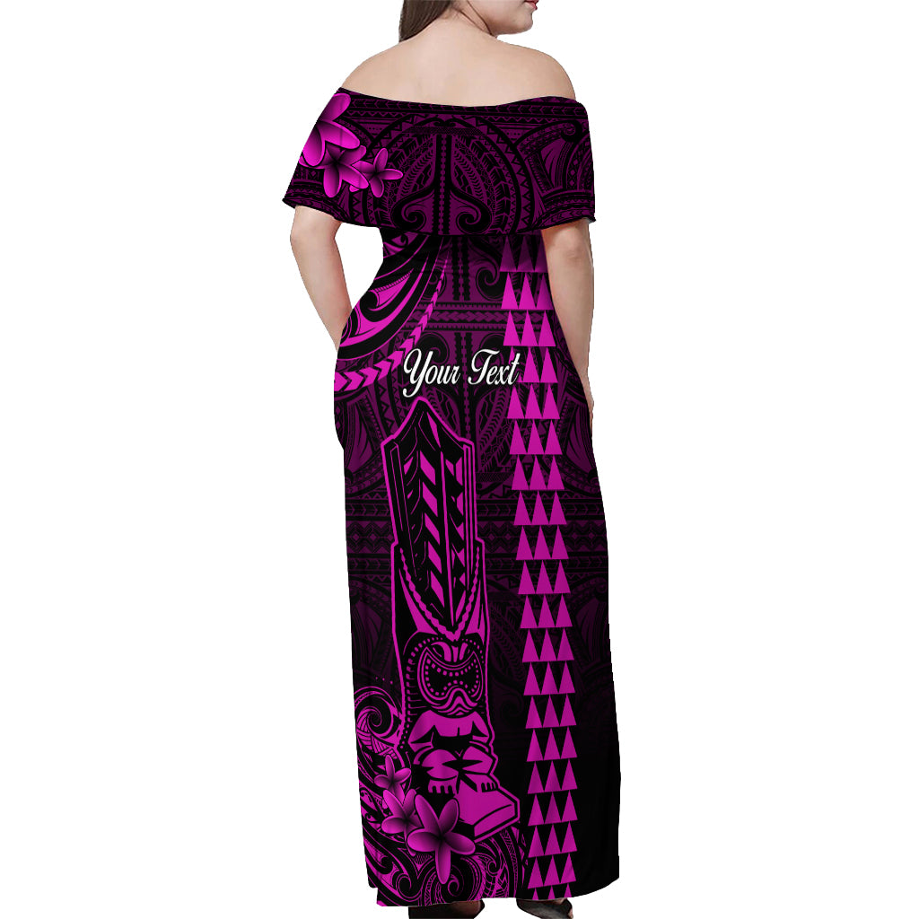 Personalized Hawaii Hauoli Makahiki Hou Off Shoulder Maxi Dress Lono Hawaiian God Kakau Polynesian Tribal Pink LT05 - Polynesian Pride