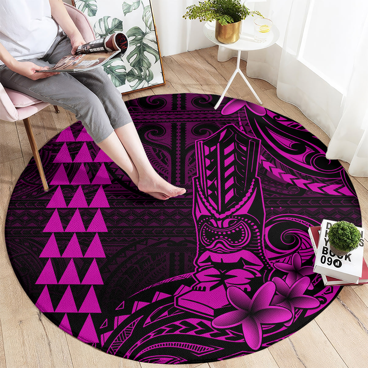 Hawaii Hauoli Makahiki Hou Round Carpet Lono Hawaiian God Kakau Polynesian Tribal Pink LT05 - Polynesian Pride