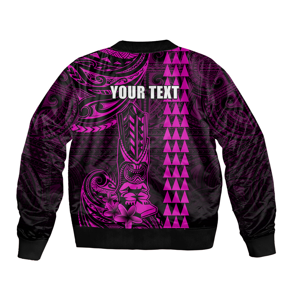 Personalized Hawaii Hauoli Makahiki Hou Sleeve Zip Bomber Jacket Lono Hawaiian God Kakau Polynesian Tribal Pink LT05 - Polynesian Pride