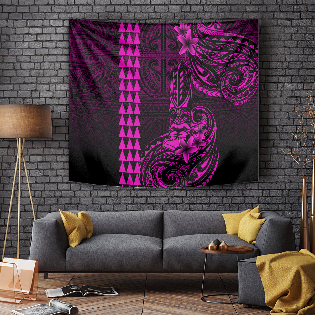 Hawaii Hauoli Makahiki Hou Tapestry Lono Hawaiian God Kakau Polynesian Tribal Pink LT05 Pink - Polynesian Pride