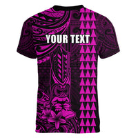 Personalized Hawaii Hauoli Makahiki Hou Women V Neck T Shirt Lono Hawaiian God Kakau Polynesian Tribal Pink LT05 - Polynesian Pride