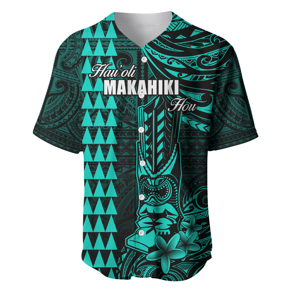 Personalized Hawaii Hauoli Makahiki Hou Baseball Jersey Lono Hawaiian God Kakau Polynesian Tribal Turquoise LT05 Turquoise - Polynesian Pride