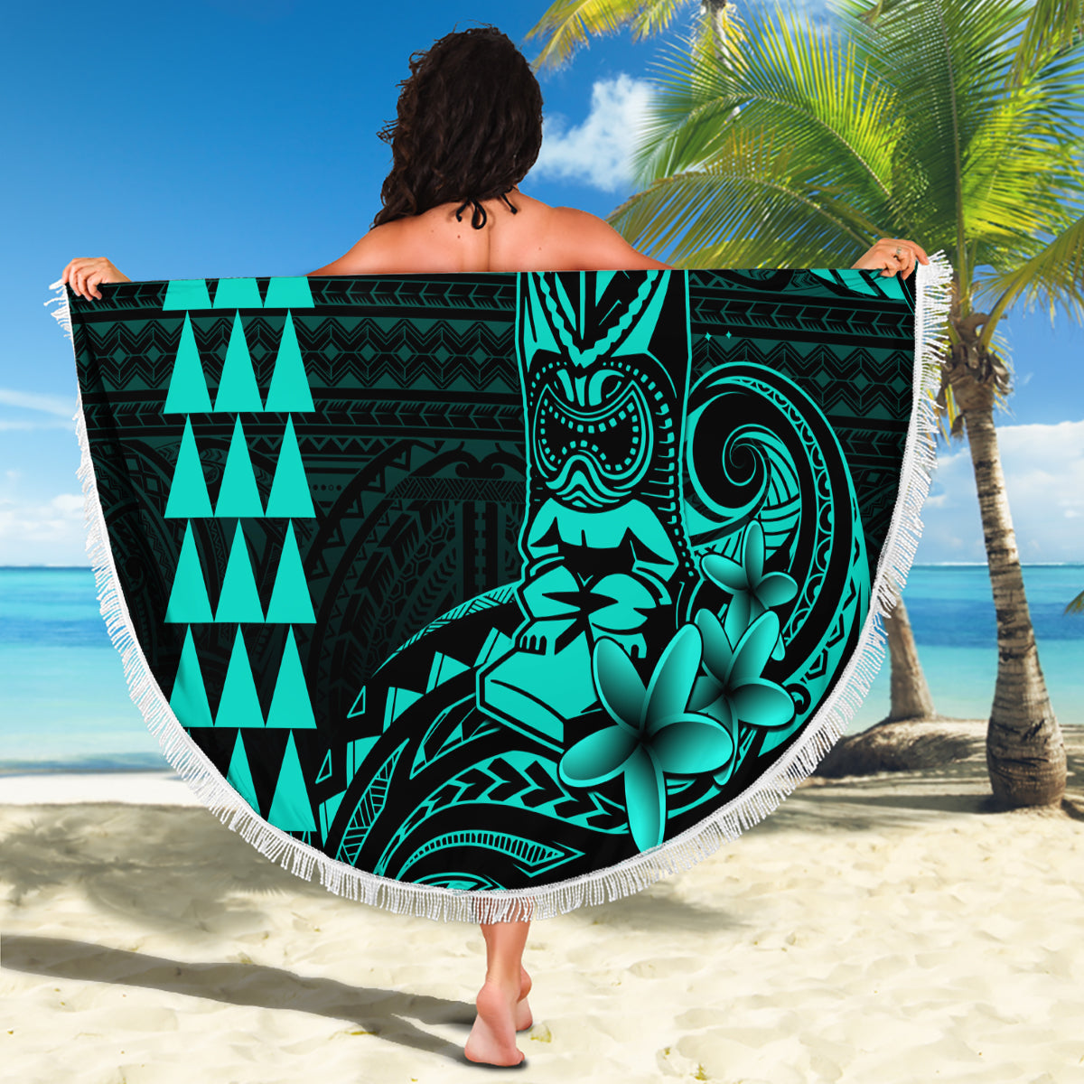 Hawaii Hauoli Makahiki Hou Beach Blanket Lono Hawaiian God Kakau Polynesian Tribal Turquoise LT05 - Wonder Print Shop