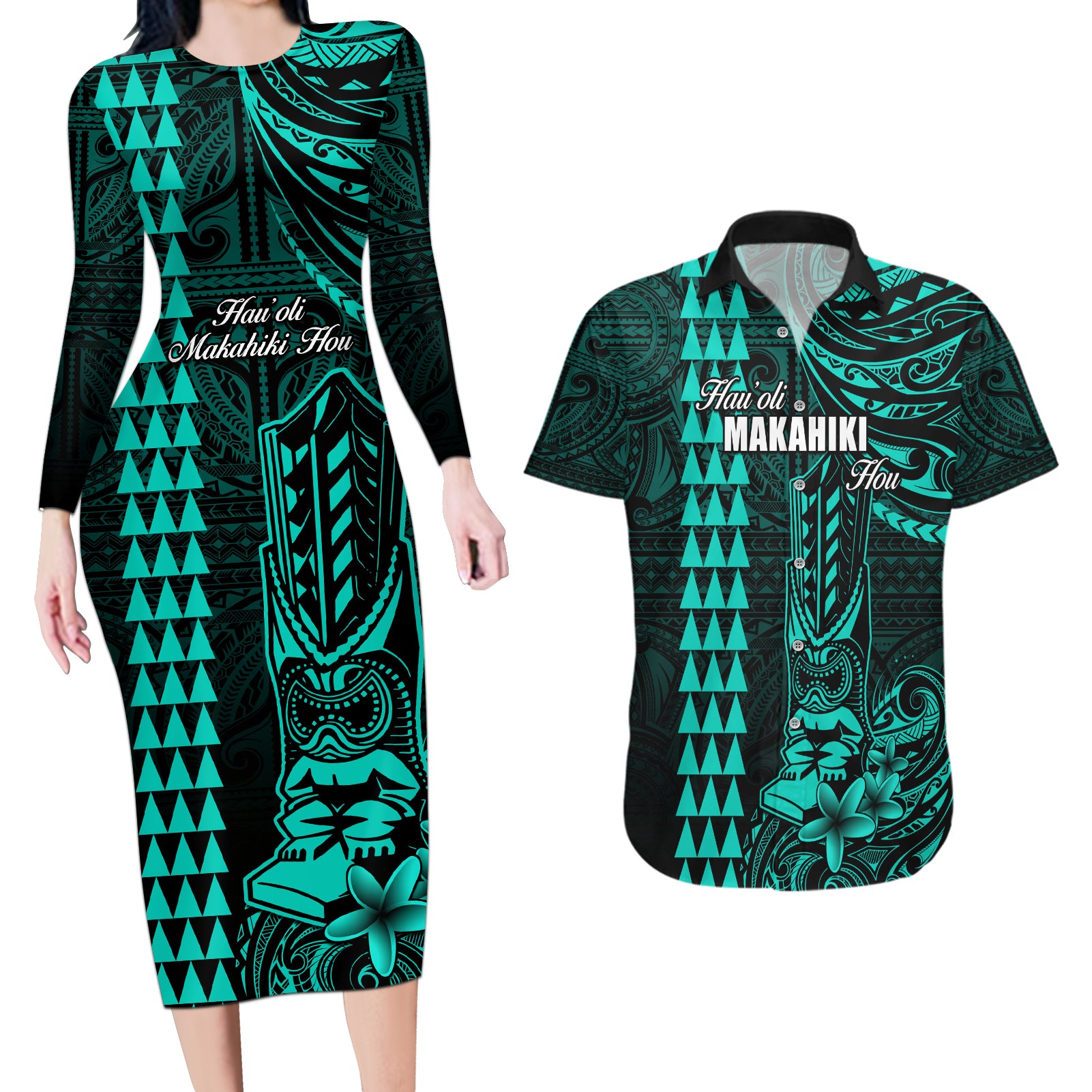 Personalized Hawaii Hauoli Makahiki Hou Couples Matching Long Sleeve Bodycon Dress and Hawaiian Shirt Lono Hawaiian God Kakau Polynesian Tribal Turquoise LT05 Turquoise - Polynesian Pride