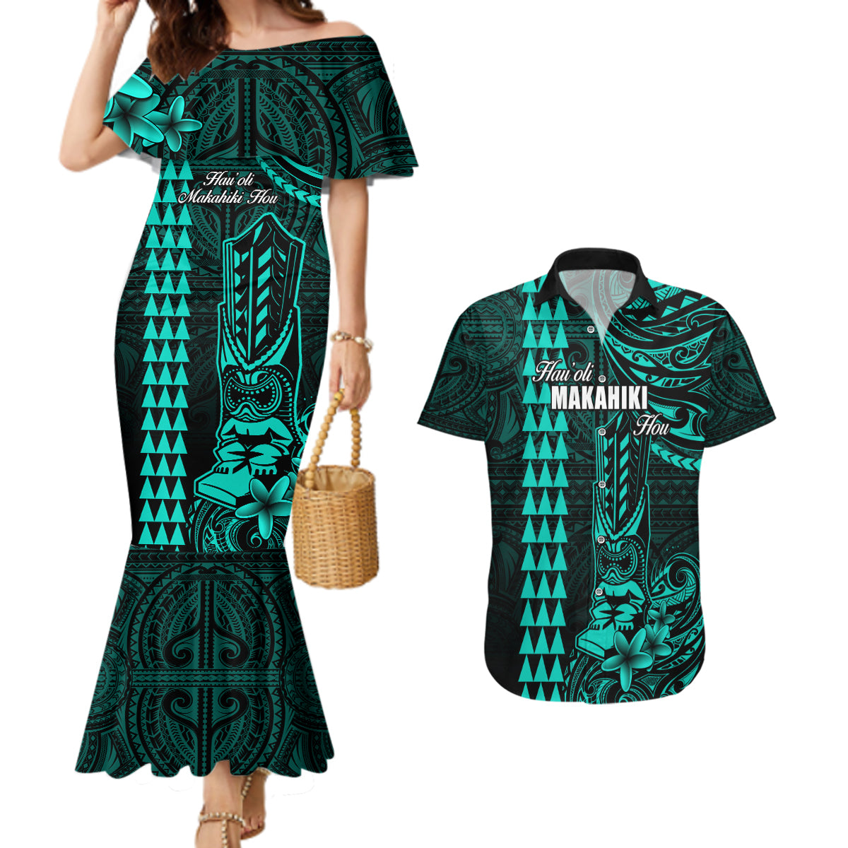 Personalized Hawaii Hauoli Makahiki Hou Couples Matching Mermaid Dress and Hawaiian Shirt Lono Hawaiian God Kakau Polynesian Tribal Turquoise LT05 Turquoise - Polynesian Pride