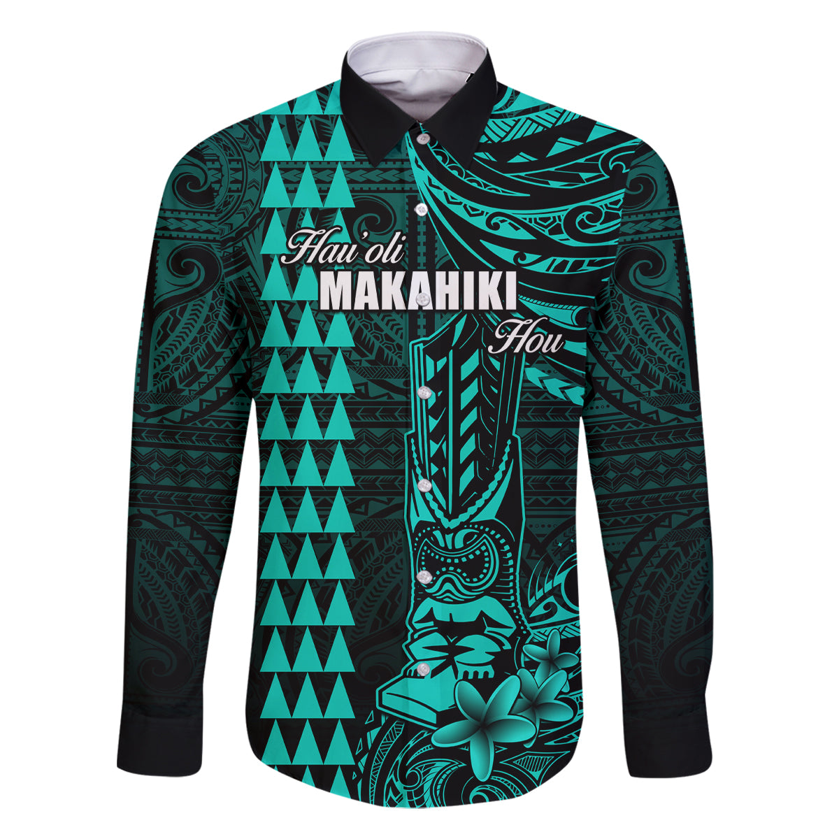 Personalized Hawaii Hauoli Makahiki Hou Family Matching Long Sleeve Bodycon Dress and Hawaiian Shirt Lono Hawaiian God Kakau Polynesian Tribal Turquoise LT05 Dad's Shirt - Long Sleeve Turquoise - Polynesian Pride