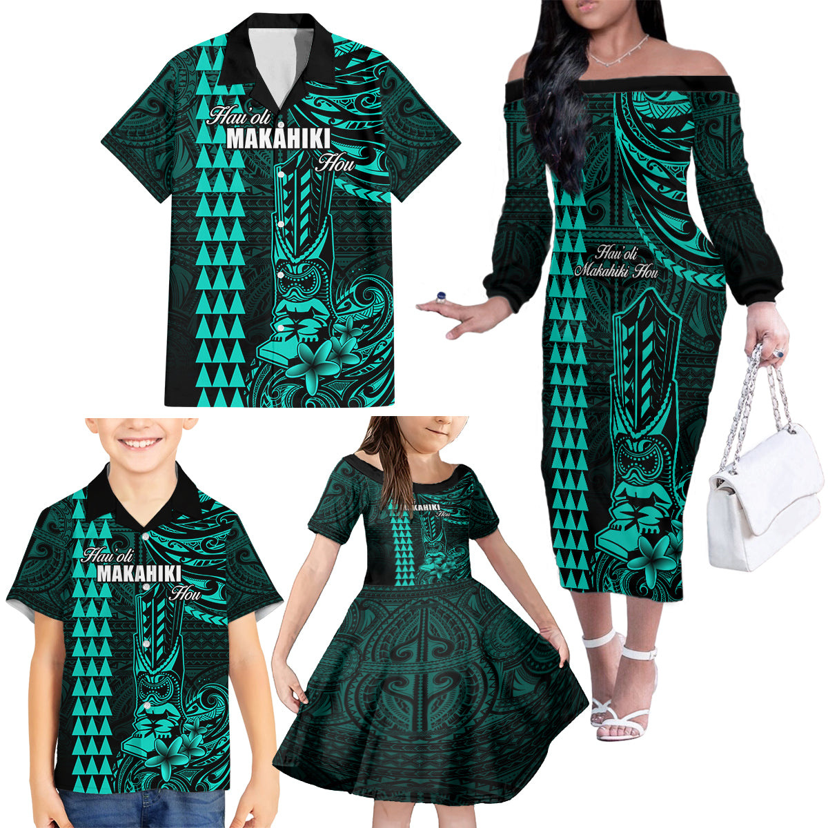 Personalized Hawaii Hauoli Makahiki Hou Family Matching Off Shoulder Long Sleeve Dress and Hawaiian Shirt Lono Hawaiian God Kakau Polynesian Tribal Turquoise LT05 - Polynesian Pride