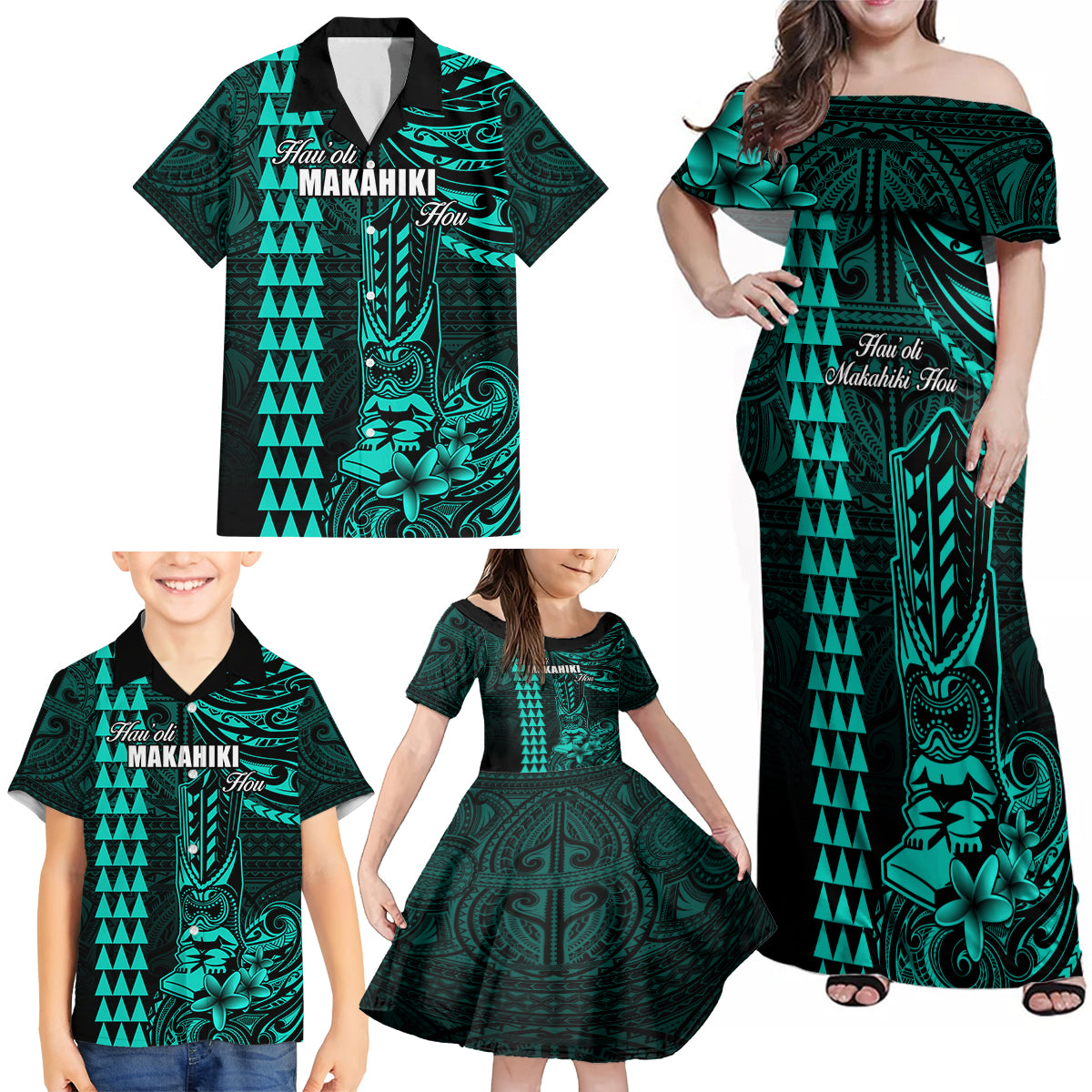 Personalized Hawaii Hauoli Makahiki Hou Family Matching Off Shoulder Maxi Dress and Hawaiian Shirt Lono Hawaiian God Kakau Polynesian Tribal Turquoise LT05 - Polynesian Pride