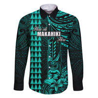 Personalized Hawaii Hauoli Makahiki Hou Family Matching Off Shoulder Maxi Dress and Hawaiian Shirt Lono Hawaiian God Kakau Polynesian Tribal Turquoise LT05 Dad's Shirt - Long Sleeve Turquoise - Polynesian Pride