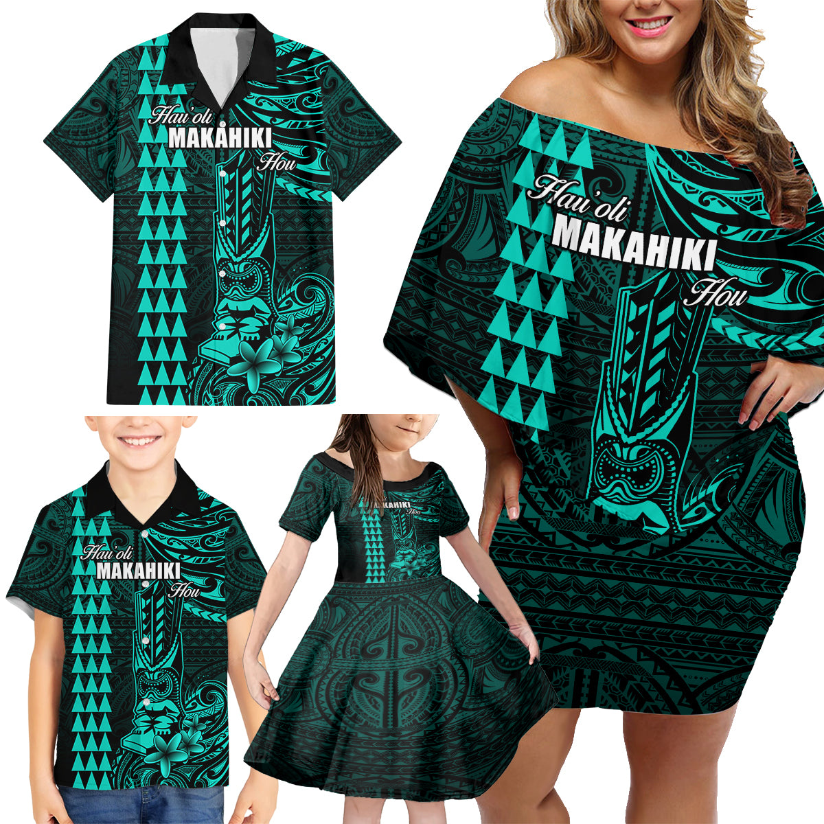 Personalized Hawaii Hauoli Makahiki Hou Family Matching Off Shoulder Short Dress and Hawaiian Shirt Lono Hawaiian God Kakau Polynesian Tribal Turquoise LT05 - Polynesian Pride