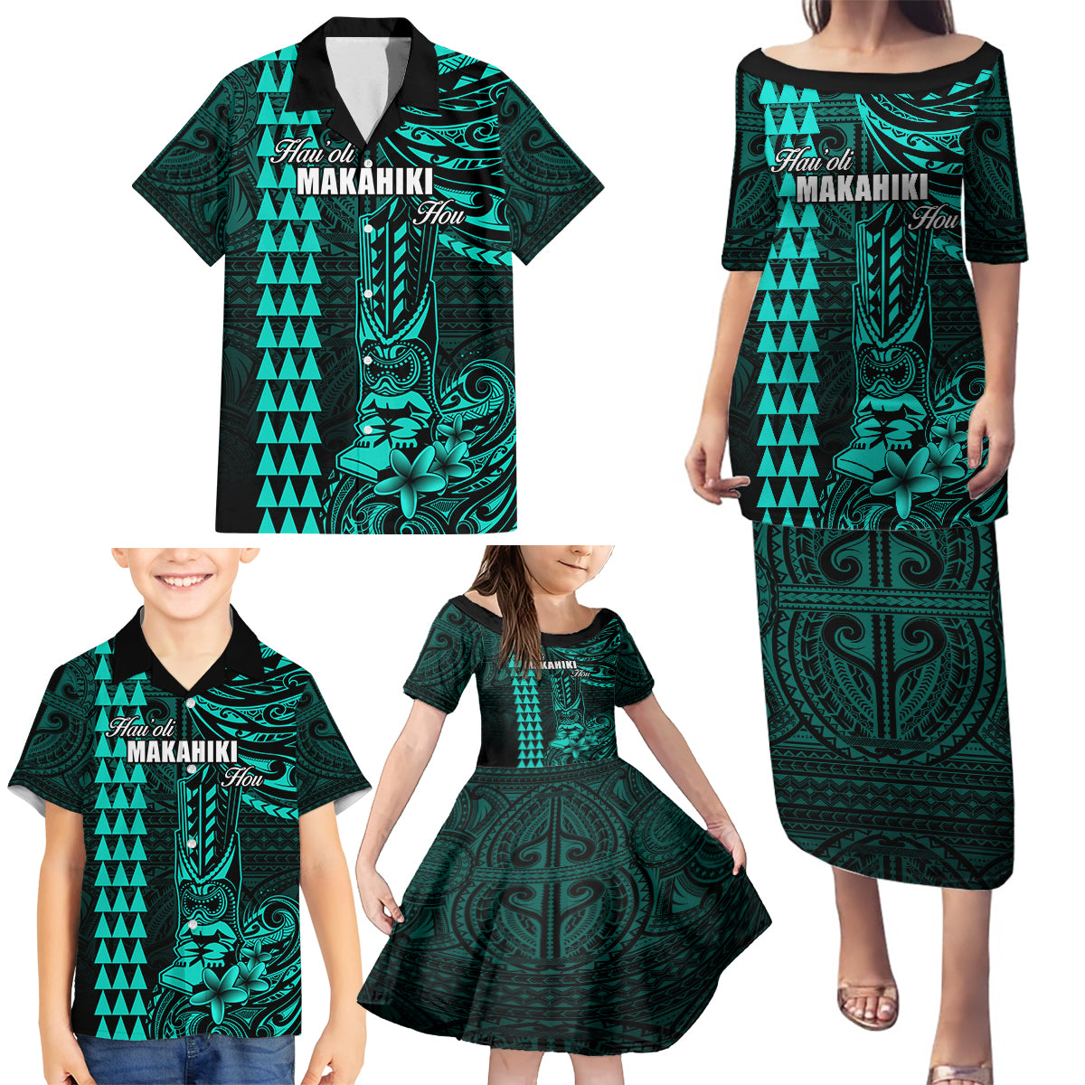 Personalized Hawaii Hauoli Makahiki Hou Family Matching Puletasi Dress and Hawaiian Shirt Lono Hawaiian God Kakau Polynesian Tribal Turquoise LT05 - Polynesian Pride