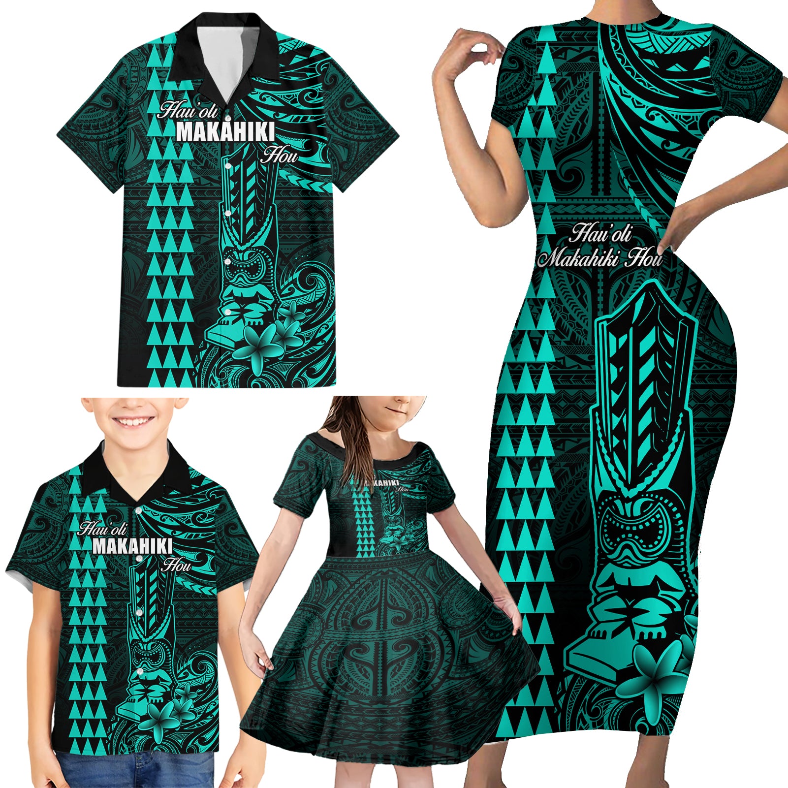 Personalized Hawaii Hauoli Makahiki Hou Family Matching Short Sleeve Bodycon Dress and Hawaiian Shirt Lono Hawaiian God Kakau Polynesian Tribal Turquoise LT05 - Polynesian Pride