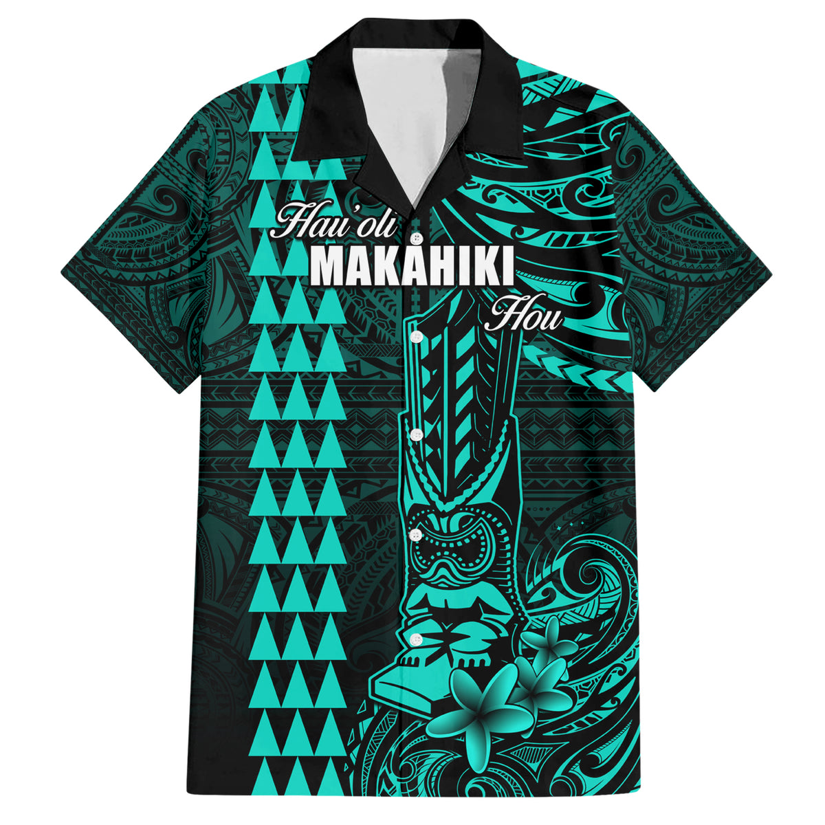 Personalized Hawaii Hauoli Makahiki Hou Family Matching Short Sleeve Bodycon Dress and Hawaiian Shirt Lono Hawaiian God Kakau Polynesian Tribal Turquoise LT05 Dad's Shirt - Short Sleeve Turquoise - Polynesian Pride