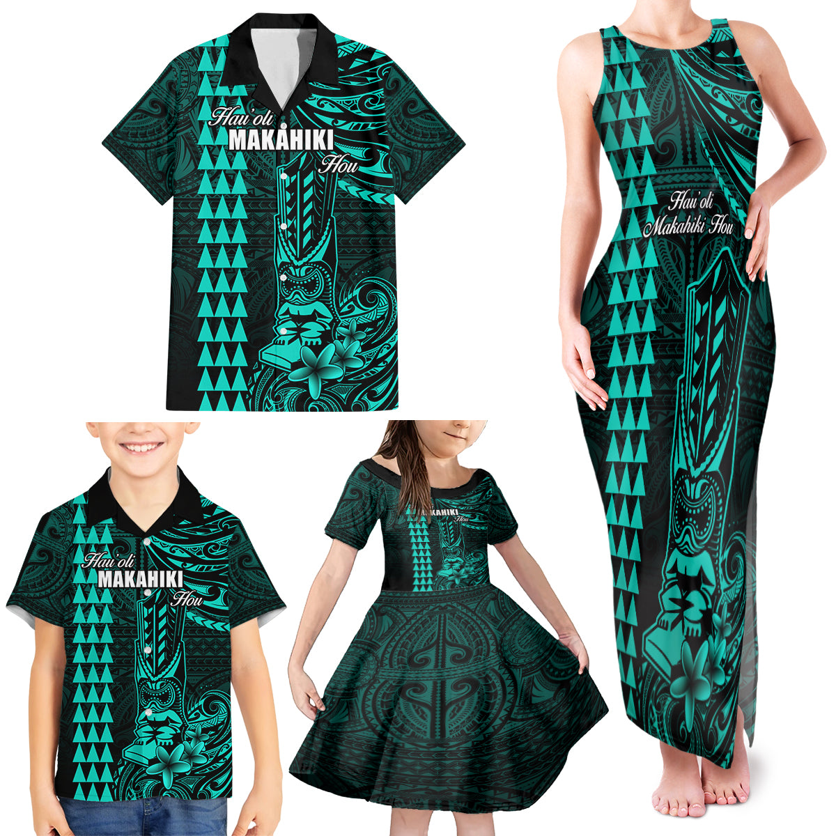 Personalized Hawaii Hauoli Makahiki Hou Family Matching Tank Maxi Dress and Hawaiian Shirt Lono Hawaiian God Kakau Polynesian Tribal Turquoise LT05 - Polynesian Pride