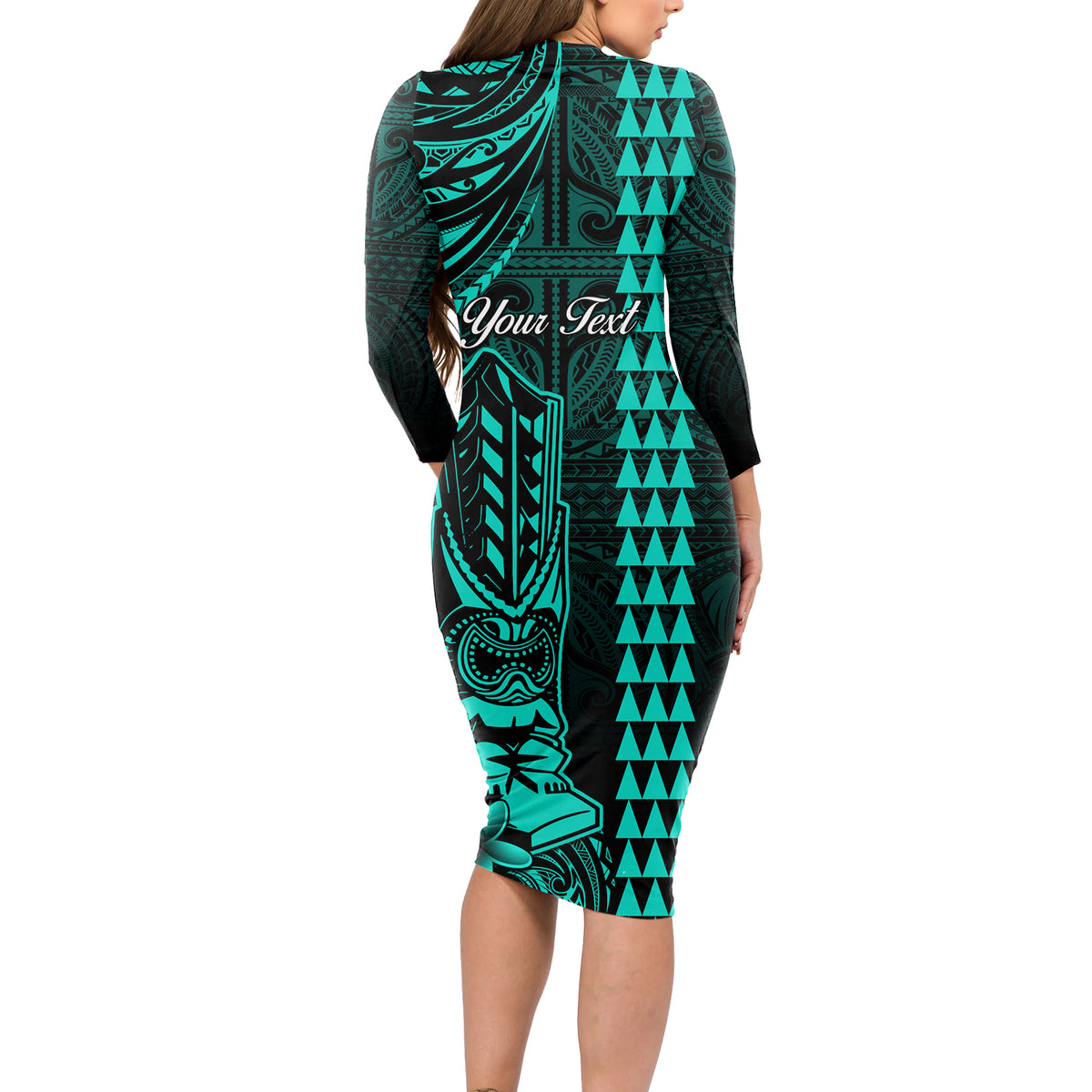 Personalized Hawaii Hauoli Makahiki Hou Long Sleeve Bodycon Dress Lono Hawaiian God Kakau Polynesian Tribal Turquoise LT05 - Polynesian Pride